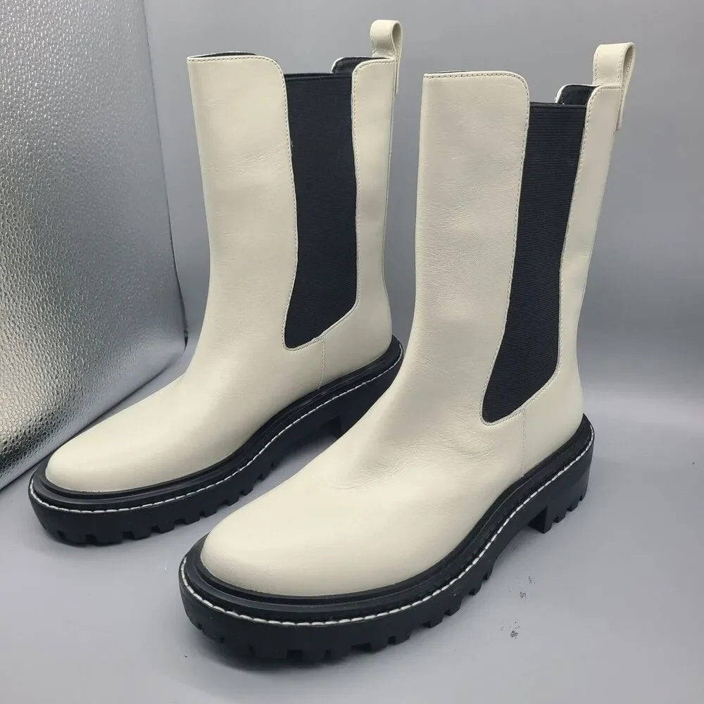 TORY BURCH Womens Benton Boots Pull On Chelsea Ivory Leather Midcalf sz 8.5 New